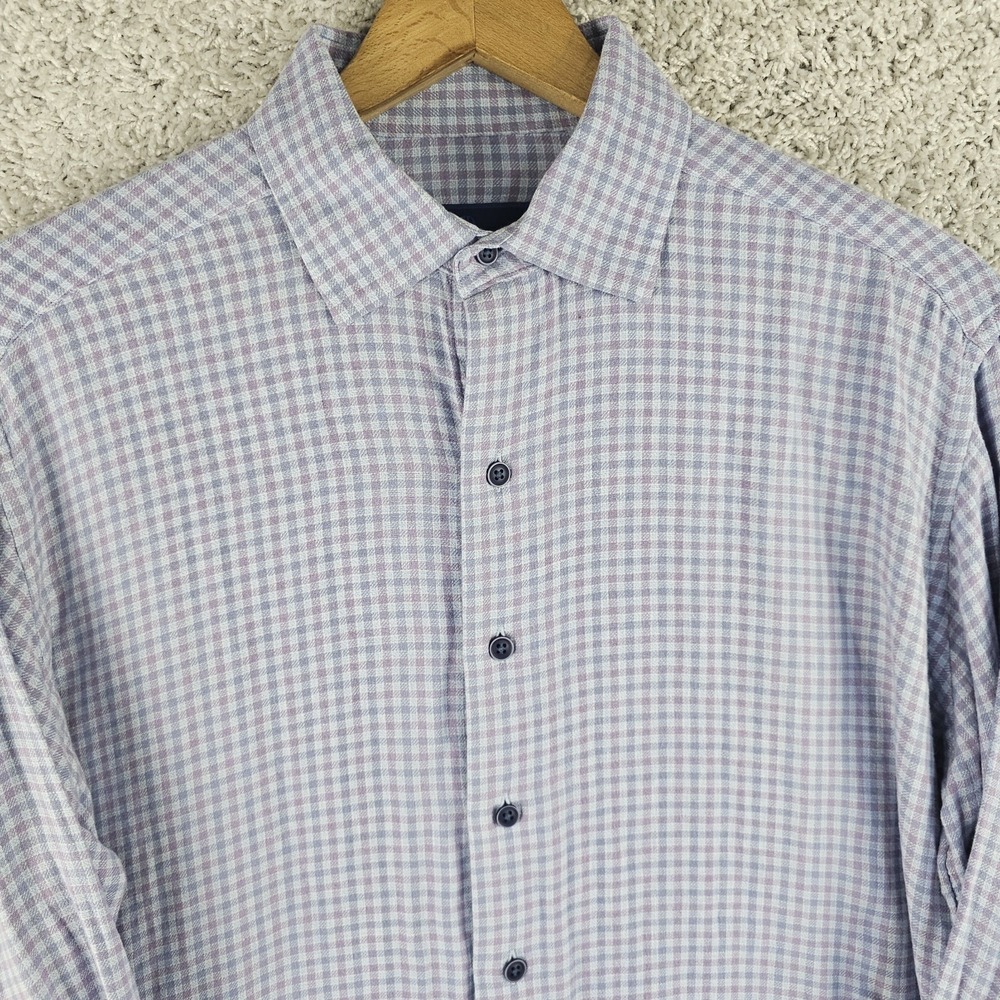 David Donahue Fusion Linen Blend Multicolor Check Plaid Button Shirt Sz Large